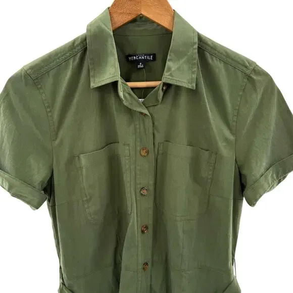 NWT J. Crew Mercantile Button Up Utility Shirt Dress in Deep Moss Green Size 2 - Picture 3 of 12